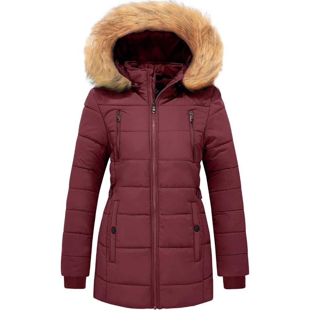 Women's Thicken Wine Red Quilted Puffer Jacket Coat Winter Warm Removable Hood